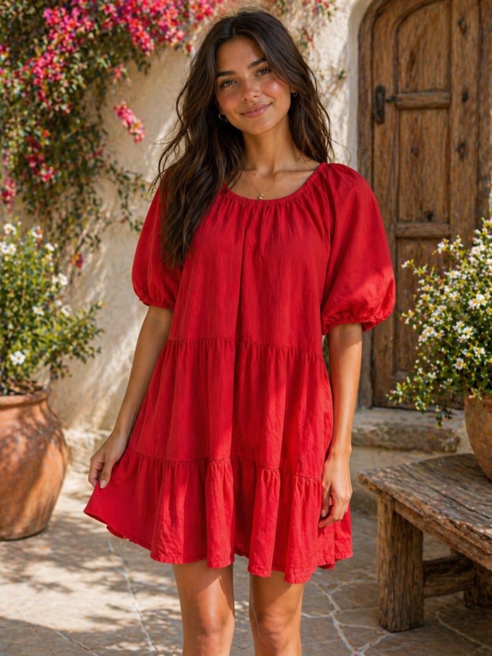 Sweet Magnolia Red Babydoll Dress | Puff Sleeve Tiered Mini | Boho. Ptp 22
